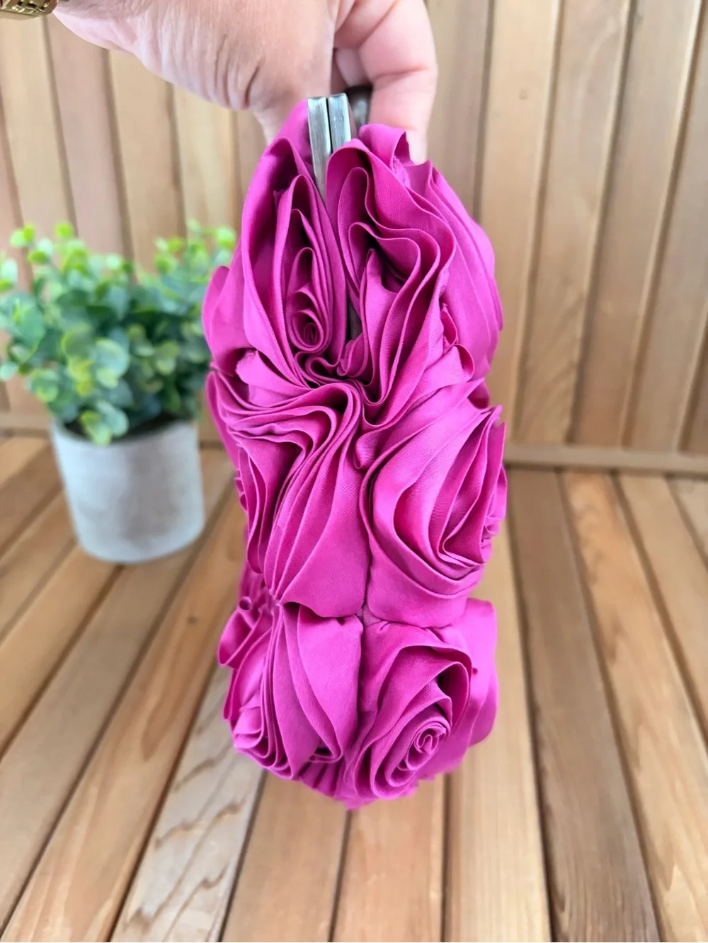BODEN Rosette Statement Clutch Bag in 3D Textured Fuscia, Evening Piece - Picture 6 of 8